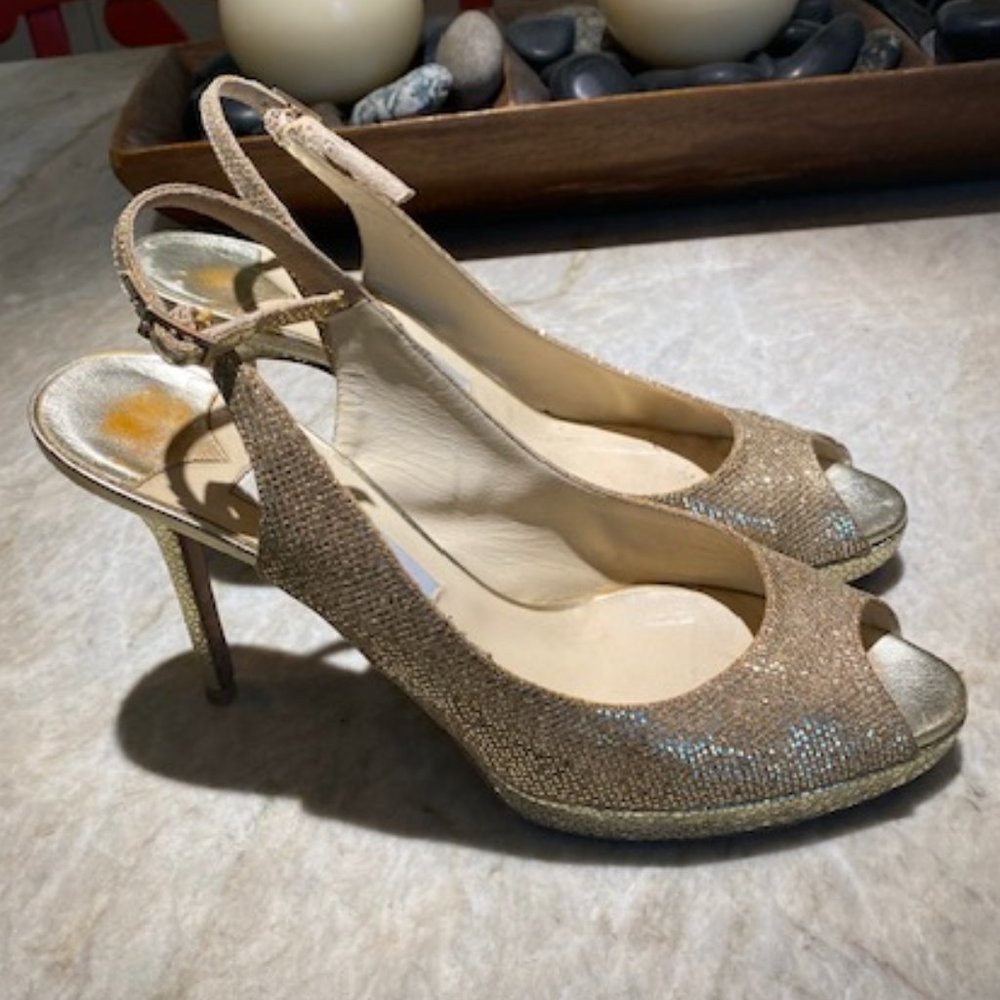 Jimmy Choo  sequin sling back 3" platform heels